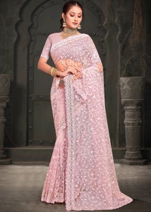 Pink Net Resham Embroidered Saree