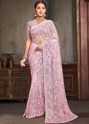 Resham Embroidered Net Saree In Pink