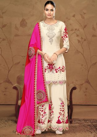 Off White Embroidered Readymade Palazzo Suit