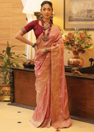 Peach Zari Woven Satin Silk Saree