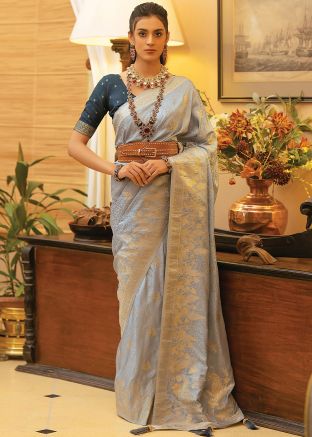 Grey Zari Woven Saree In Satin Silk