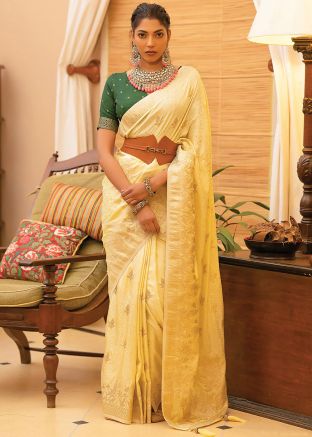 Cream Satin Silk Saree In Zari Work