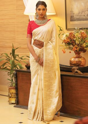 Cream Woven Satin Saree With Blouse