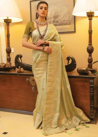 Pastel Green Zari Woven Satin Silk Saree