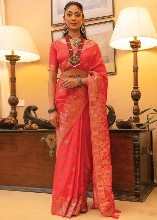 Red Zari Woven Saree In Satin Silk