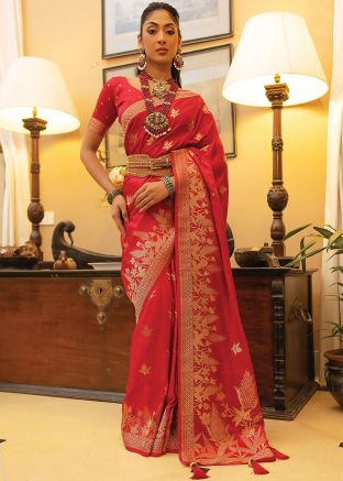 Red Zari Woven Work Satin Silk Saree