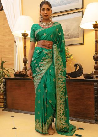 Green Satin Silk Saree In Woven Work