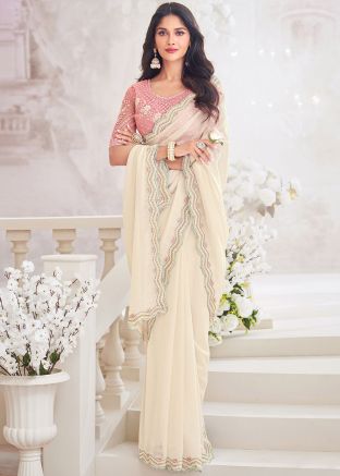 Off White Embroidered Border Chiffon Saree