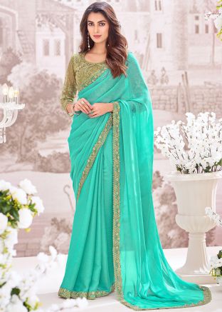 Turquoise Embroidered Saree In Georgette