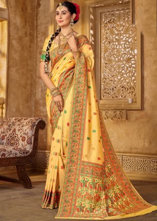Yellow Woven Work Saree In Silk With Blouse