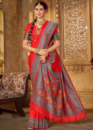 Red Woven Work Saree In Silk