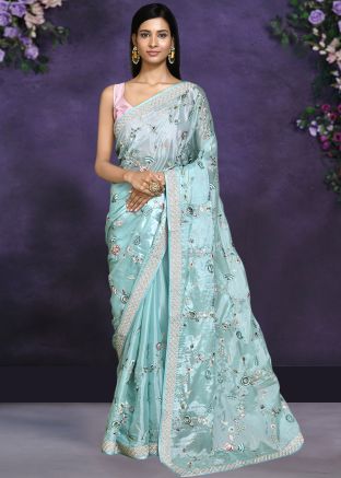 Turquoise Embroidered Satin Saree With Blouse