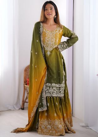 Readymade Shaded Green & Yellow Emroidered Palazzo Suit