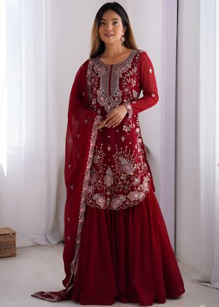 Red Readymade Embroidered Sharara Suit