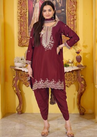 Maroon Embroidered Readymade Dhoti Style Suit
