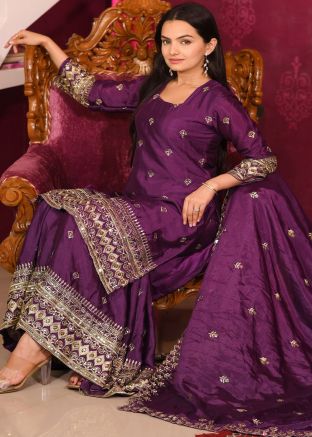 Readymade Purple Embroidered Sharara Suit