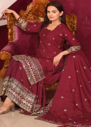 Maroon Readymade Embroidered Sharara Suit