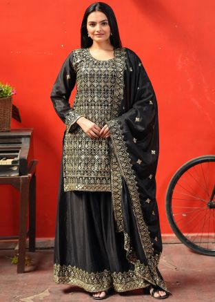 Black Readymade Embroidered Chiffon Sharara Suit