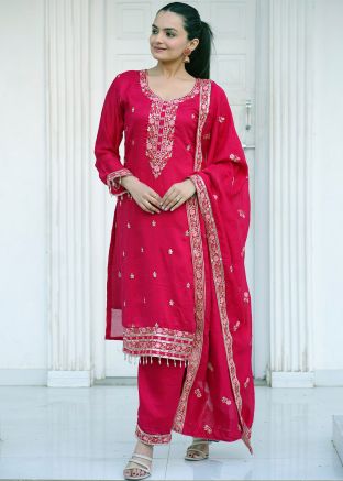 Readymade Pink Embroidered Pant Suit In Art Silk