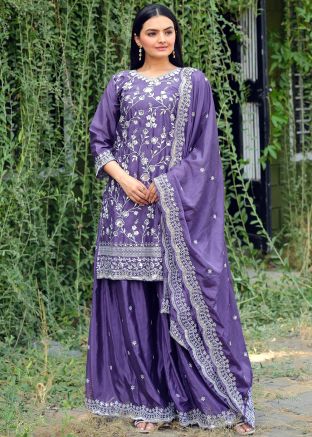 Purple Readymade Embroidered Sharara Suit