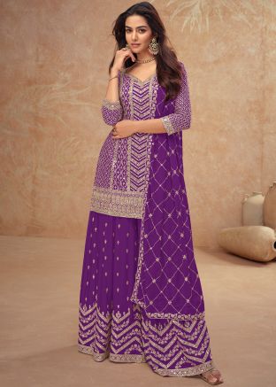 Purple Embroidered Readymade Palazzo Suit