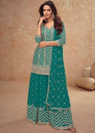Turquoise Embroidered Readymade Palazzo Suit In Chiffon