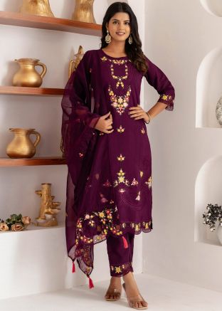 Readymade Purple Embroidered Pant Suit