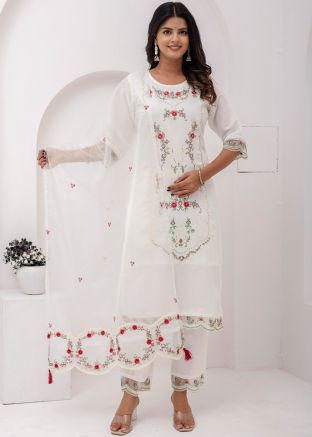 White Thread Work Readymade Pant Suit