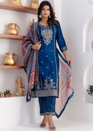 Readymade Blue Viscose Woven Pant Suit