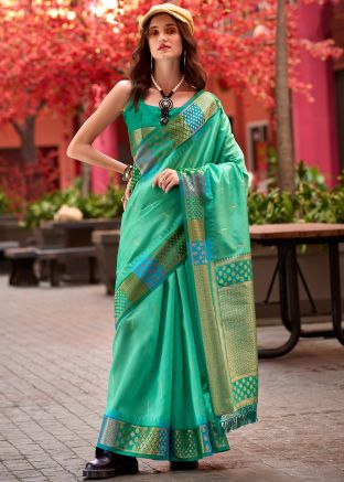 Turquoise Art Silk Saree In Woven Work
