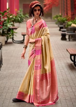 Beige Woven Art Silk Saree With Blouse