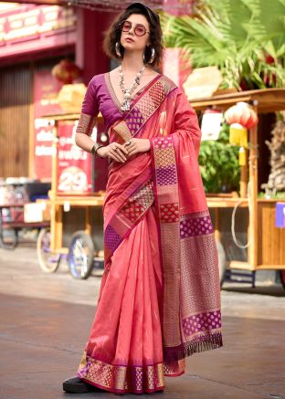 Dark Peach Woven Work Art Silk Saree