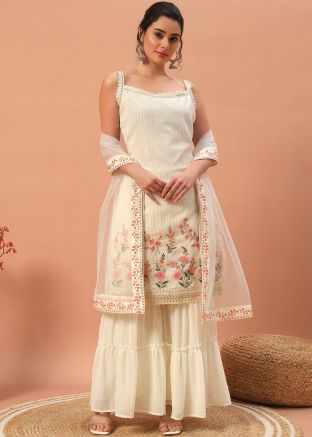 Cream Embroidered Sharara Salwar Suit Set