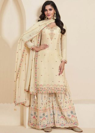 Cream Embroidered Sharara Suit In Chiffon