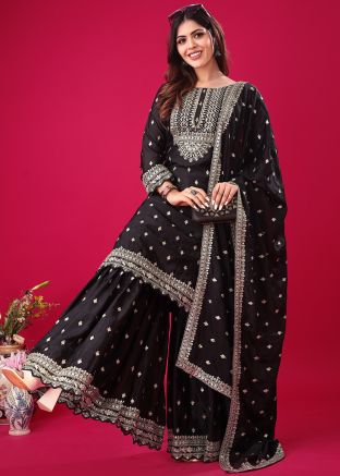 Readymade Black Embroidered Gharara Suit Set