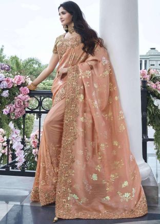 Peach Embroidered Border Saree In Viscose