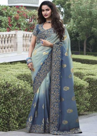 Shaded Grey Viscose Saree In Zari Embroidered Border