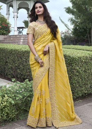 Yellow Embroidered Saree In Viscose