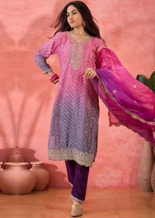 Shaded Pink & Purple Readymade Bandhej Print Pant Suit