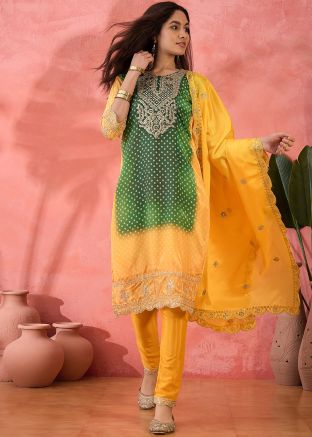 Readymade Yellow & Green Bandhej Print Pant Suit