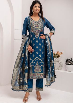 Readymade Teal Blue Woven Jacquard Pant Suit