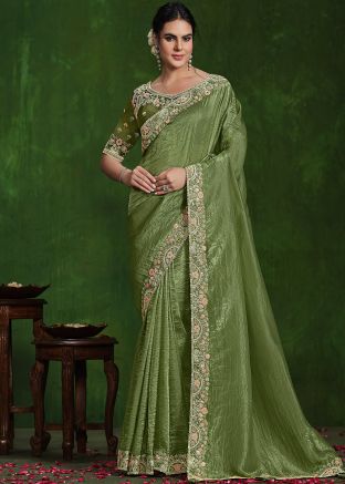 Green Embroidered Border Crape Saree