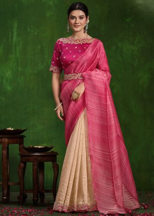 Beige & Pink Half N Half Embroidered Saree
