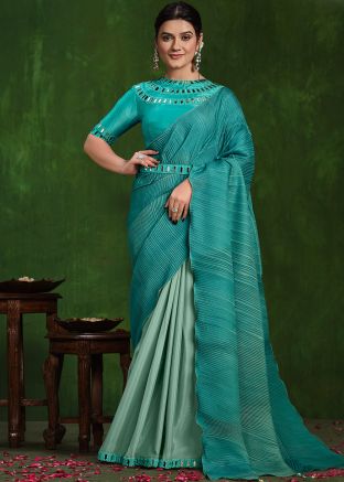 Blue Half N Half Mirror Saree In Crape