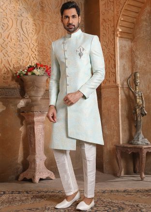 Readymade Woven Indo Western Sherwani In Blue