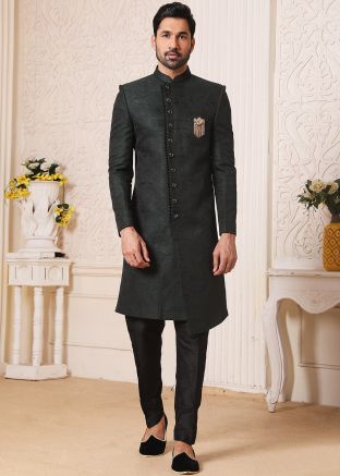 Dark Green Asymmetric Readymade Woven Sherwani 