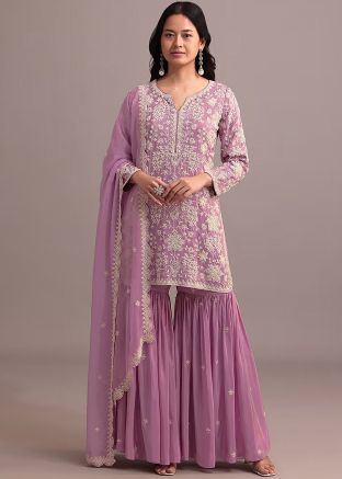 Pink Embroidered Gharara Suit In Georgette