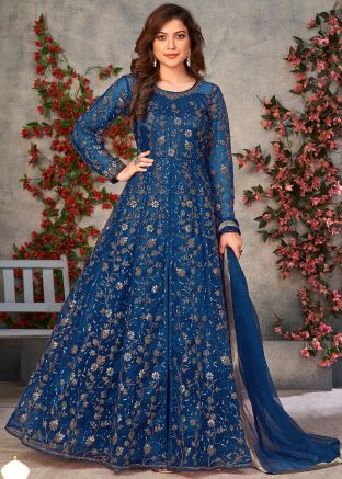 Blue Embroidered Salwar Suit Set In Net
