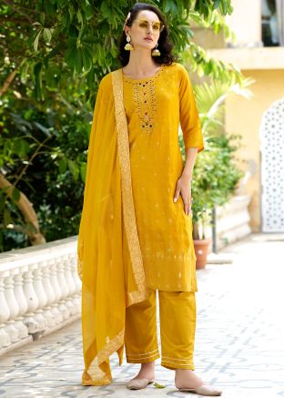 Yellow Zari Woven Salwar Suit Set In Viscose