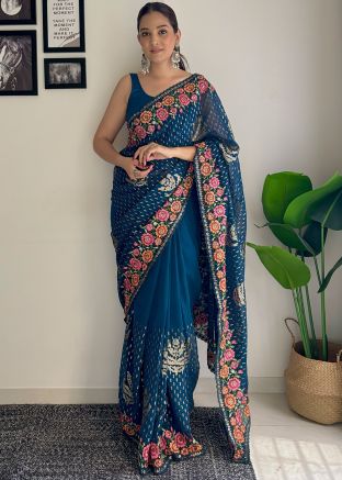 Teal Blue Thread Embroidered Georgette Saree